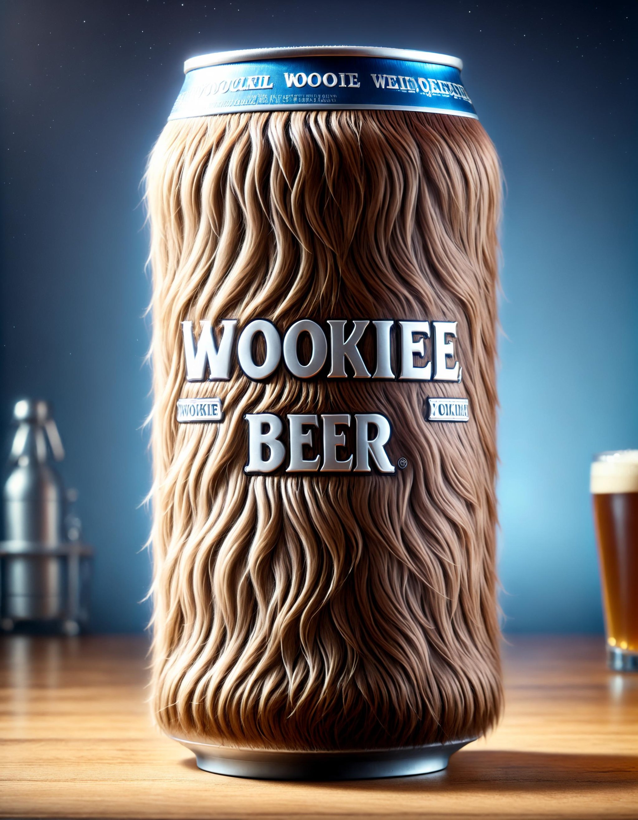 cinematic film still a photo of a beer can made of w00kiee, text "wookiee beer", raw photo . shallow depth of field, vignette, highly detailed, high budget, bokeh, cinemascope, moody, epic, gorgeous, film grain, grainy, food photography style a photo of a beer can made of w00kiee, text "wookiee beer", raw photo . appetizing, professional, culinary, high-resolution, commercial, highly detailed