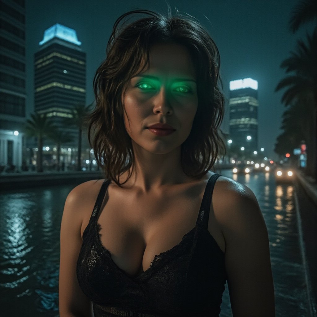 A serene nighttime scene: a stunning woman stands majestically, her beauty illuminated by the soft glow of the city lights and the misty rain. Her radiant, glowing green eyes seem to sparkle like emeralds in the darkness, as she remains still, yet powerful, against the backdrop of urban skyscrapers.