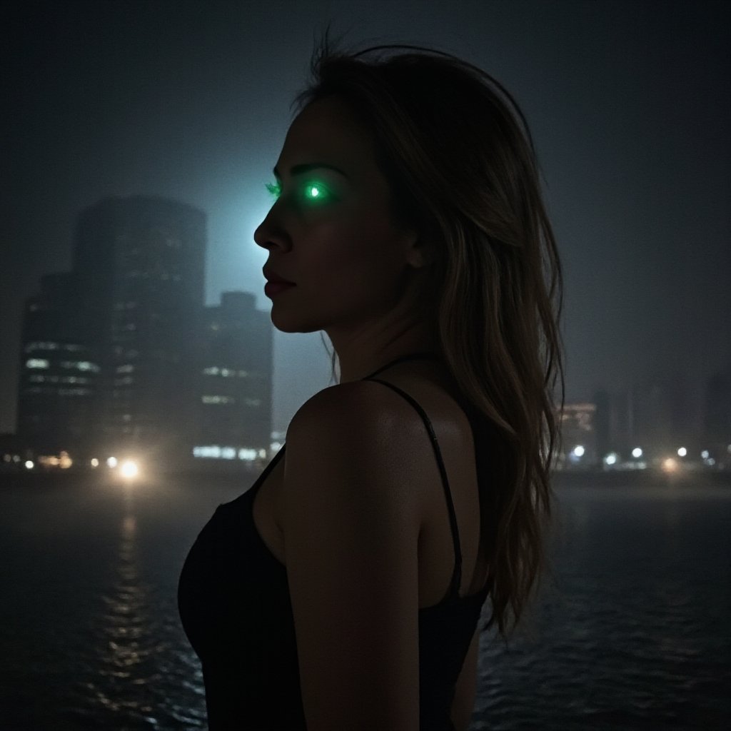 A serene nighttime scene: a stunning woman stands majestically, her beauty illuminated by the soft glow of the city lights and the misty rain. Her radiant, glowing green eyes seem to sparkle like emeralds in the darkness, as she remains still, yet powerful, against the backdrop of urban skyscrapers.