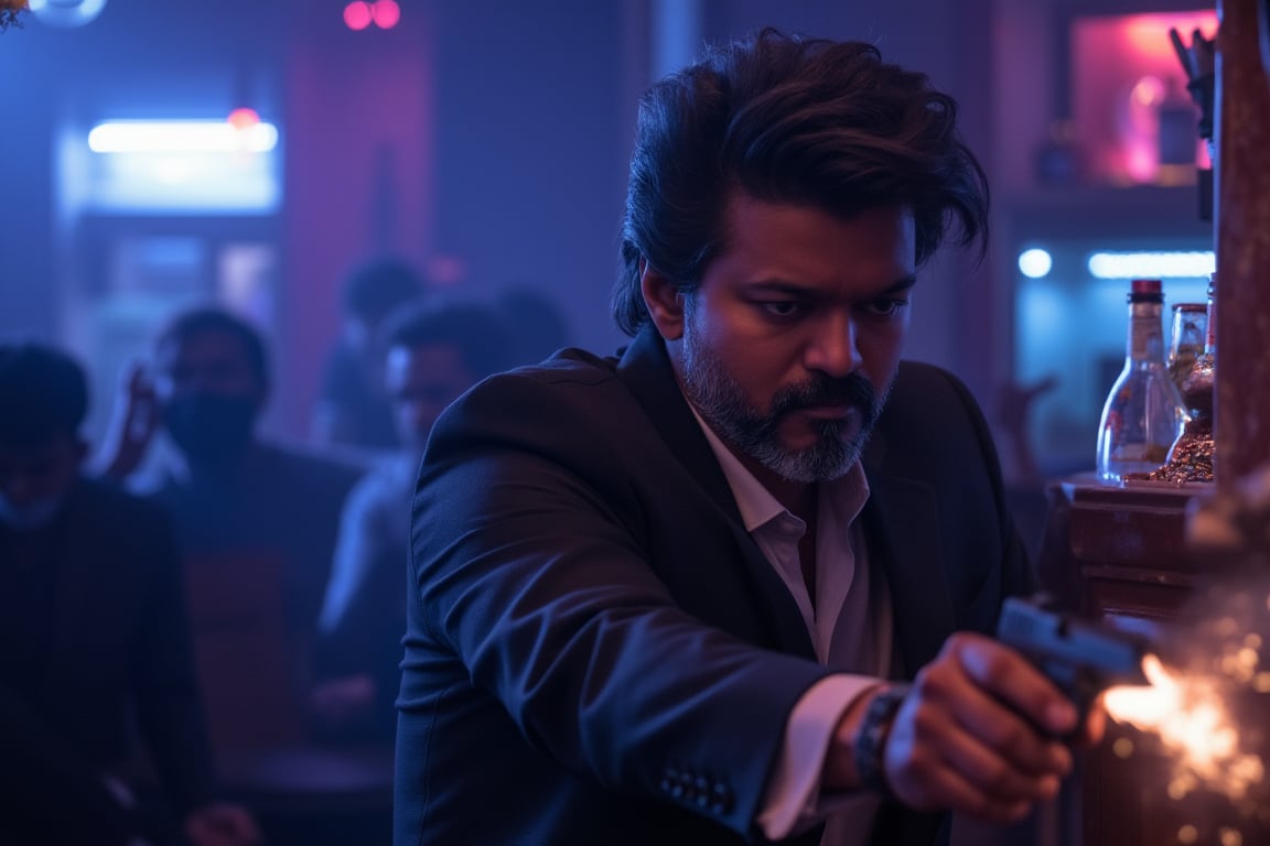 realistic handsome thalapathy accurate detailed face, thalapathy in complete all black suit, with short wavy black hair and well mainteained short trimmed black beard, crouching at the floor taking cover behind a bardesk in a blue and purple lit club, holding a realistic detailed 9mm pistol in his hands and shooting at the enemies, crowd runnig away, shooting scene, realistic muzzle flash from the pistol emitting warm light at thalapathys face, (flying bullets destroying bottles and the club and bar),, (bullet sparks), realistic authentic scene, highly detailed shot, high quality, high res, 4k, realistic cinematic lighting, realistic filmgrain