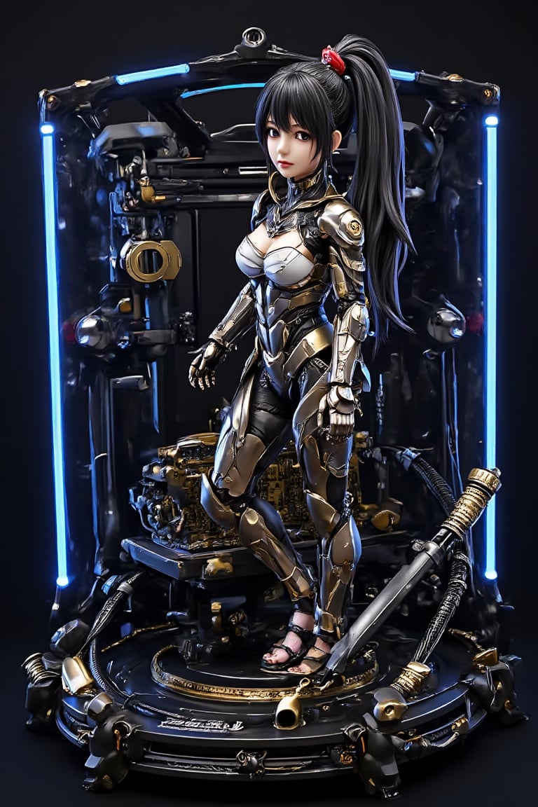 Masterpiece, professional, Top Quality, High Definition, high detail, perfect detail, The 3D printer prints a work (Full body). The work is a Xuer Plate Armor girl who is using a smaller 3D printer to print her own mini clone. black, white, metalic golden color. (long ponytail black hair), There are some cool accessories around it, creating a fashionable and magical atmosphere. The parts of the 3D printer are very complete and clear, with transparent glass on all sides and a neon effect on the frame. Combined with the display effect of 3D holographic projection, KnollingCaseQuiron style,xuer plate armor,Resin,Enhanced all