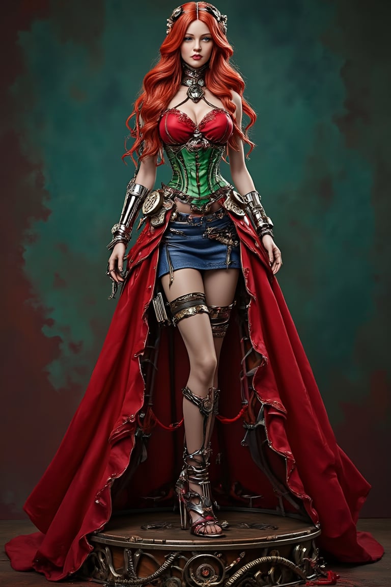 Masterpiece, professional, Top Quality, High Definition, high detail, perfect detail, perfect hands and feet (perfect anatomy).The beautiful model resin depicts a very beautiful red-haired woman dressed as the Queen of Love, blending regal elegance with steampunk and cybernetic elements. She wears a striking red dress with a green corset that emphasizes her waist, paired with a short blue skirt that adds a playful touch. The outfit is adorned with steampunk accessories—gears, goggles, and metallic details—integrated with cybernetic enhancements that give her a futuristic edge. The background is textured with complementary colors of red, green, and blue, creating a vibrant and dynamic atmosphere that highlights her commanding presence.