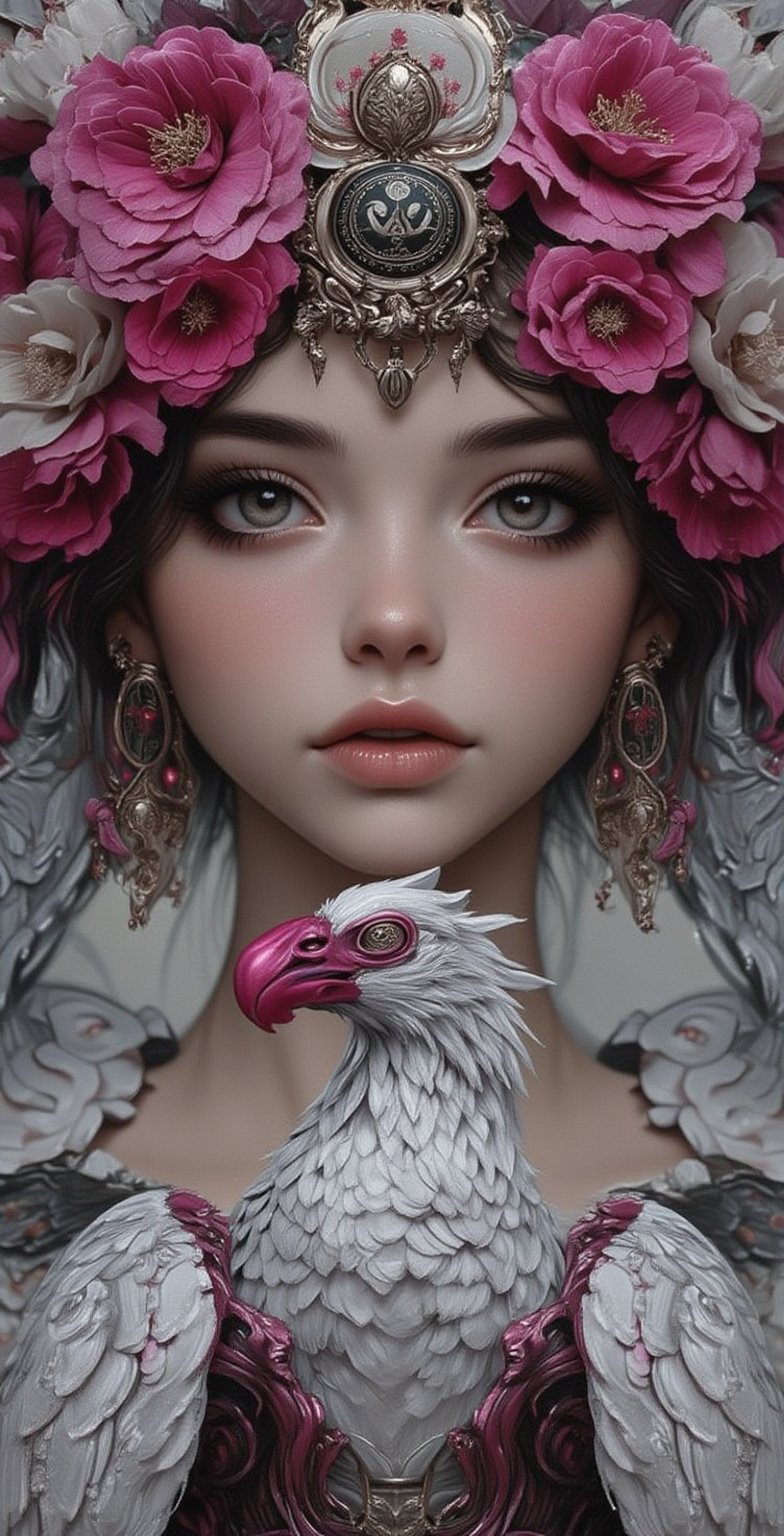 a woman wearing floral decorations on her head to, in the style of futuristic art, dark white and magenta, life-like avian illustrations, influenced by ancient chinese art, fairycore, symmetrical figures, polished metamorphosis,illustr3alFlux,ILLUSTRANIME,REALNIME