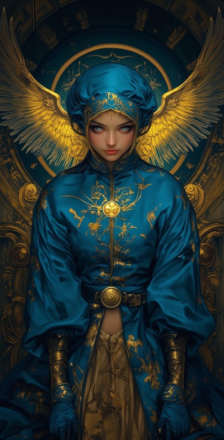 a blue girl with gold angel halo head, in the style of neon realism, darkly romantic illustrations, dark white and yellow, solapunk, i can't believe how beautiful this is, simplistic cartoon, brooding mood,illustr3alFlux,ILLUSTRANIME,REALNIME