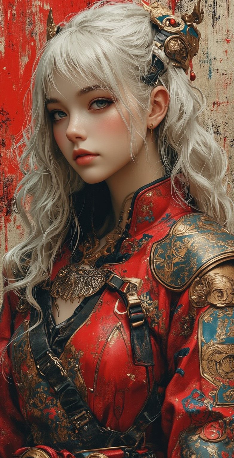 abstract photorealistic ink image in vivid, surreal colour gradient, closeup side portrait of korean woman wearing fantasy leather and bronze plate armour, long bleached hair, bangs  ,illustr3alFlux,ILLUSTRANIME,REALNIME