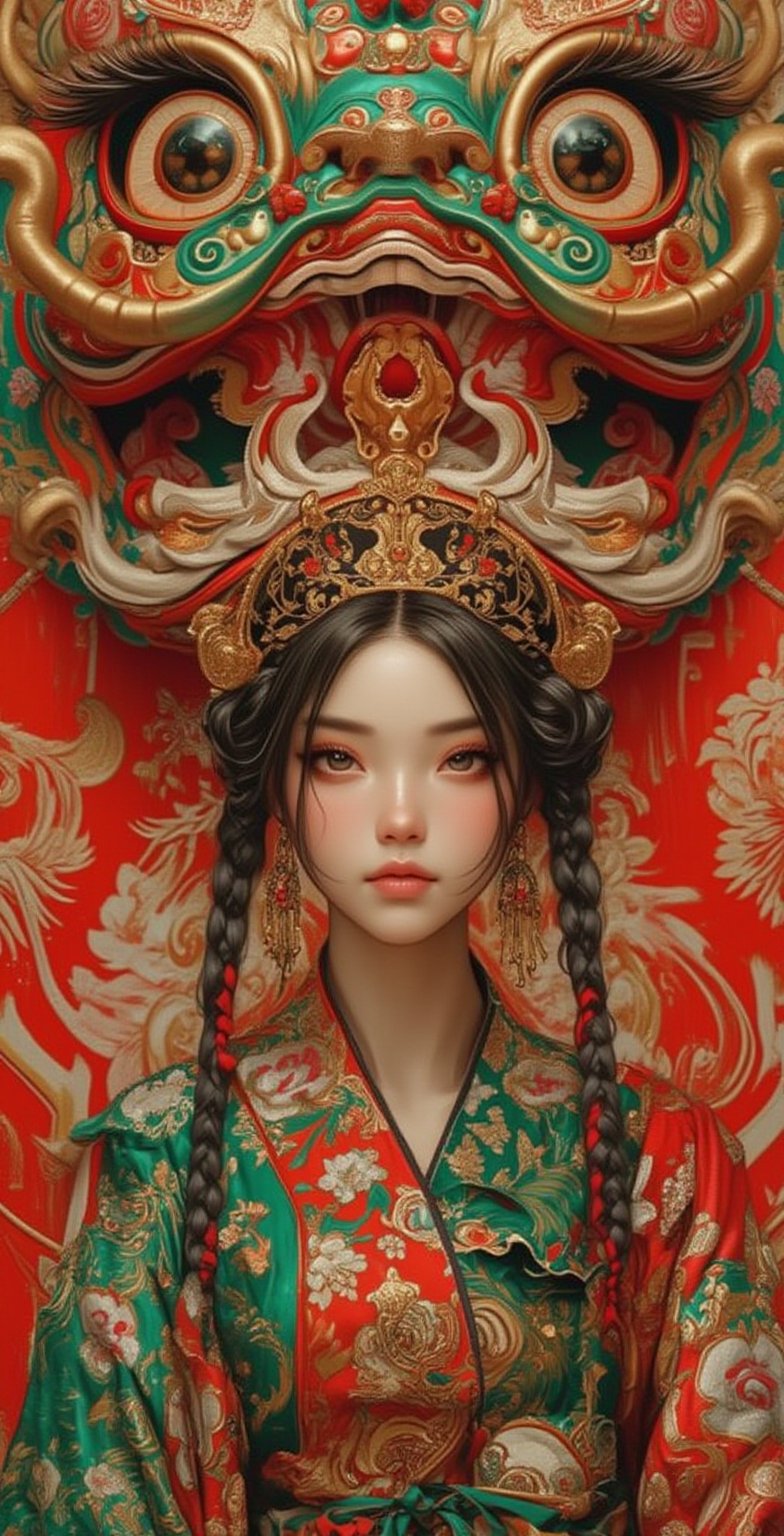 a chinese sexy girl is standing in front of a lunar new year dragon, in the style of digital painting, intricate costumes, victorian-inspired illustrations, daz3d, joyful chaos, light red and green, traditional costumes ,illustr3alFlux,ILLUSTRANIME,REALNIME