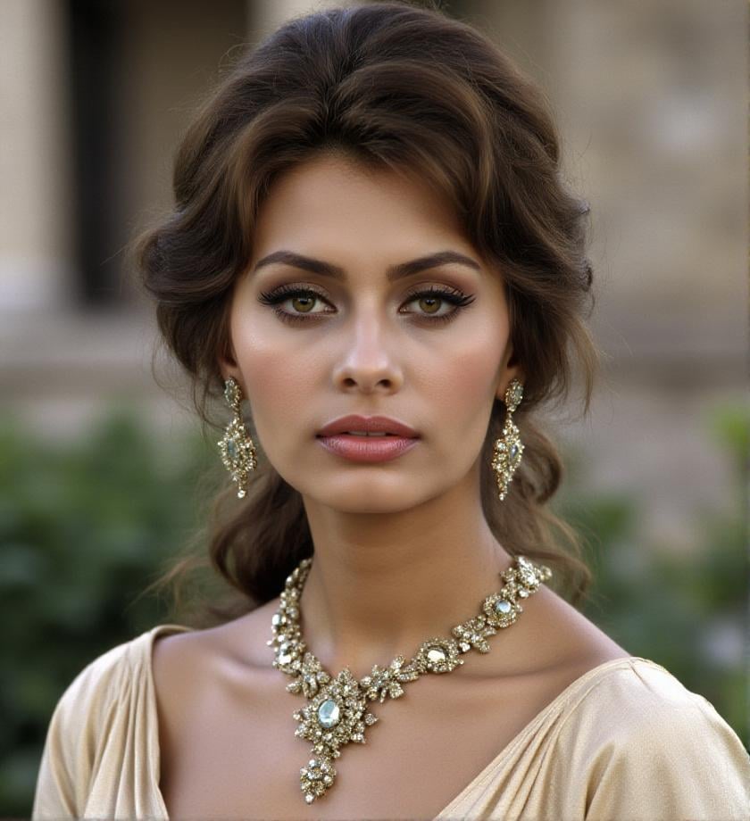 , ((portrait photo)), standing, outdoor,  sd5t <lora:sophia-loren-000008:1>, jewels, turtlenecks, intricate