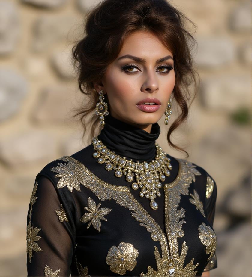 , ((portrait photo)), standing, outdoor,  sd5t <lora:sophia-loren-000008:1>, jewels, turtlenecks, intricate