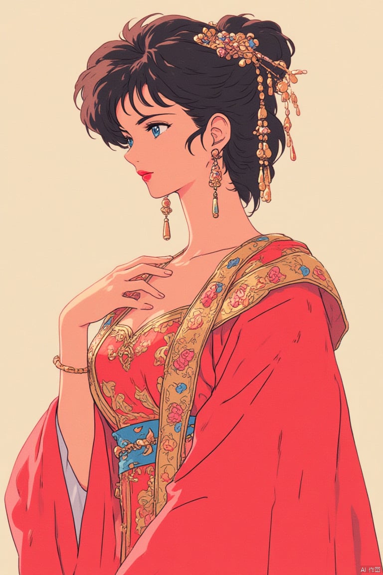 1990s retro anime illustration, a woman adorned in an elaborate traditional Chinese outfit. She wears a striking red dress with intricate golden embroidery featuring floral patterns. Her hair is styled in a classic Chinese manner,secured with ornate accessories that include jeweled pins and combs. The woman's makeup is reminiscent of ancient Chinese beauty standards,characterized by vibrant red lips and subtle eye shadow. She poses gracefully,her hand lightly touching her chest,conveying a sense of serenity and elegance.