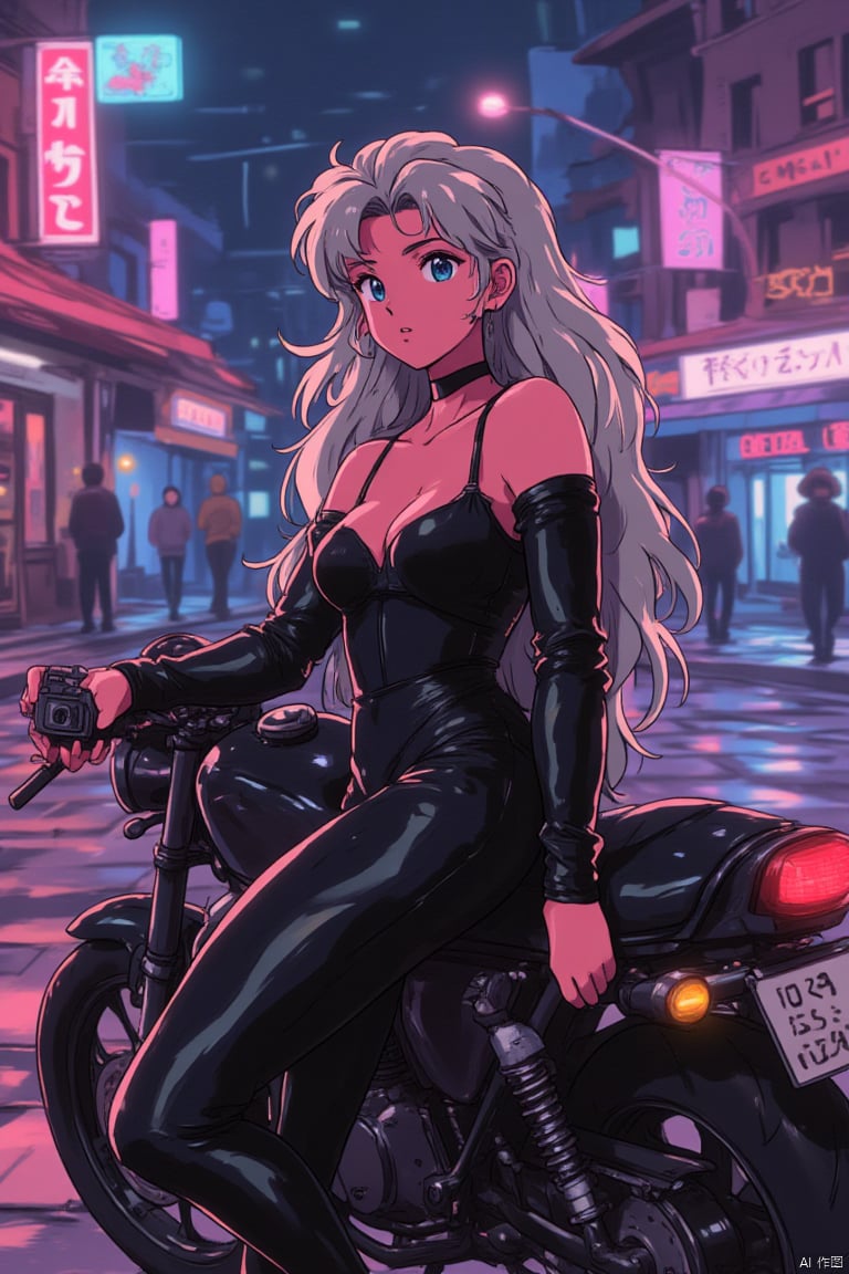 1990s retro anime illustration, a gorgeous girl with long silver hair in a tight latex catsuit leaning against a motorcycle in a cool pose, holding a peeping tom camera, neon-lit urban background at night, streets reflecting vibrant lights, intense shadows and glowing highlights, cinematic composition, Created Using: cel-shading, 1990s anime aesthetics, vivid neon colors, traditional hand-drawn anime techniques, noir lighting, poster composition