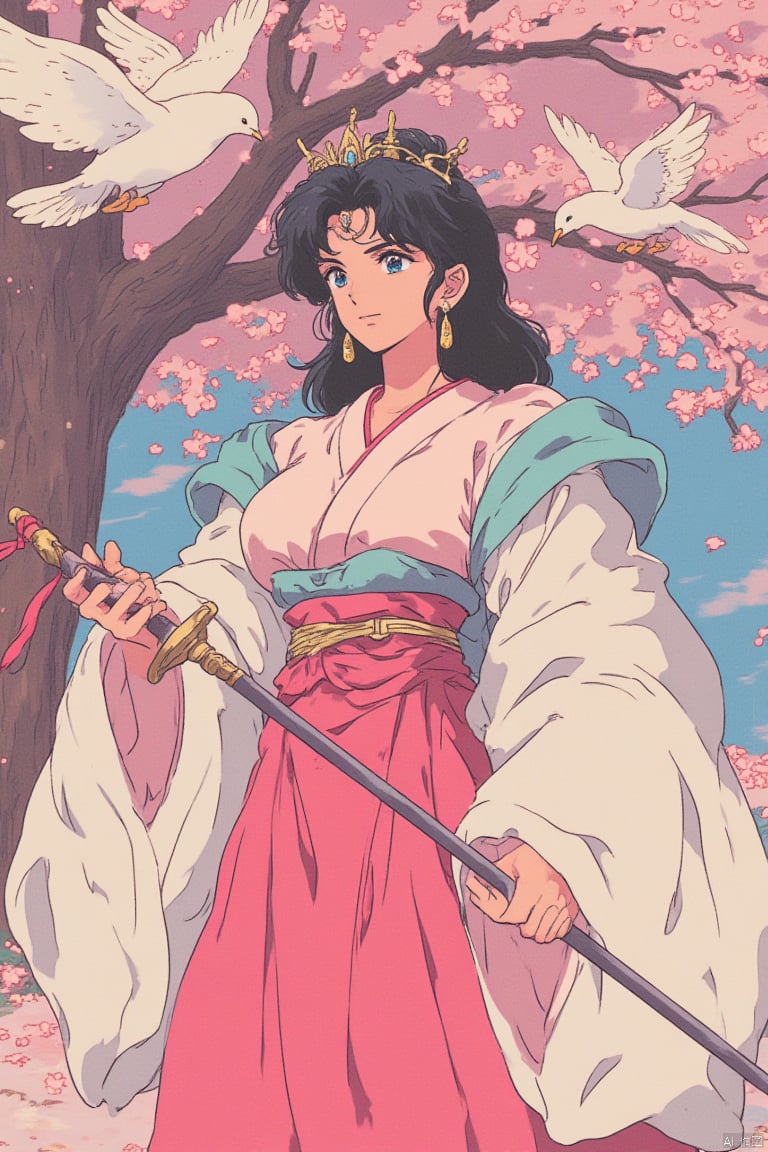 1990s retro anime illustration, a Japanese woman dressed in a traditional kimono, adorned with a black crown, is holding a sword in her right hand. She is flanked by two white birds, each flying in the same direction. The woman's dress is adorned in a variety of colors, including pink, blue, white, and red. The sword she is holding is adorned with red ribbons, adding a pop of color to the scene. The backdrop is a detailed mural of a tree with pink flowers, adding depth to the composition. To the right of the woman, there is a watermark in the lower right corner of the image.