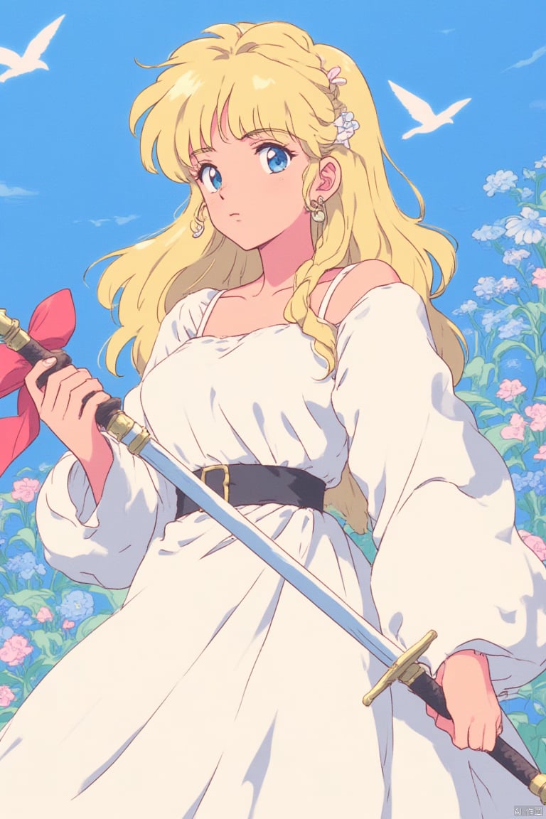 1990s retro anime illustration, a girl with long blonde hair and blue eyes is holding a sword in her right hand. She is wearing a white dress with a black belt around her waist. She has a red bow in her left hand. The sword she is holding is pointed towards the left side of the image. There are blue and white flowers around her right shoulder. There is a blue background behind her with white and pink birds flying in the air.