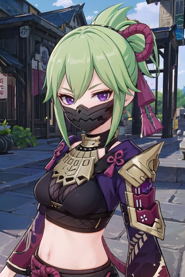 ((masterpiece, best quality)), high resolution,ultra detailed,8k,16k,detailed background, perfect lighting,1girl,look_at_viewer,upper body,oblique angle,kuki shinobu,green hair,short ponytail,purple eyes,ninja mask