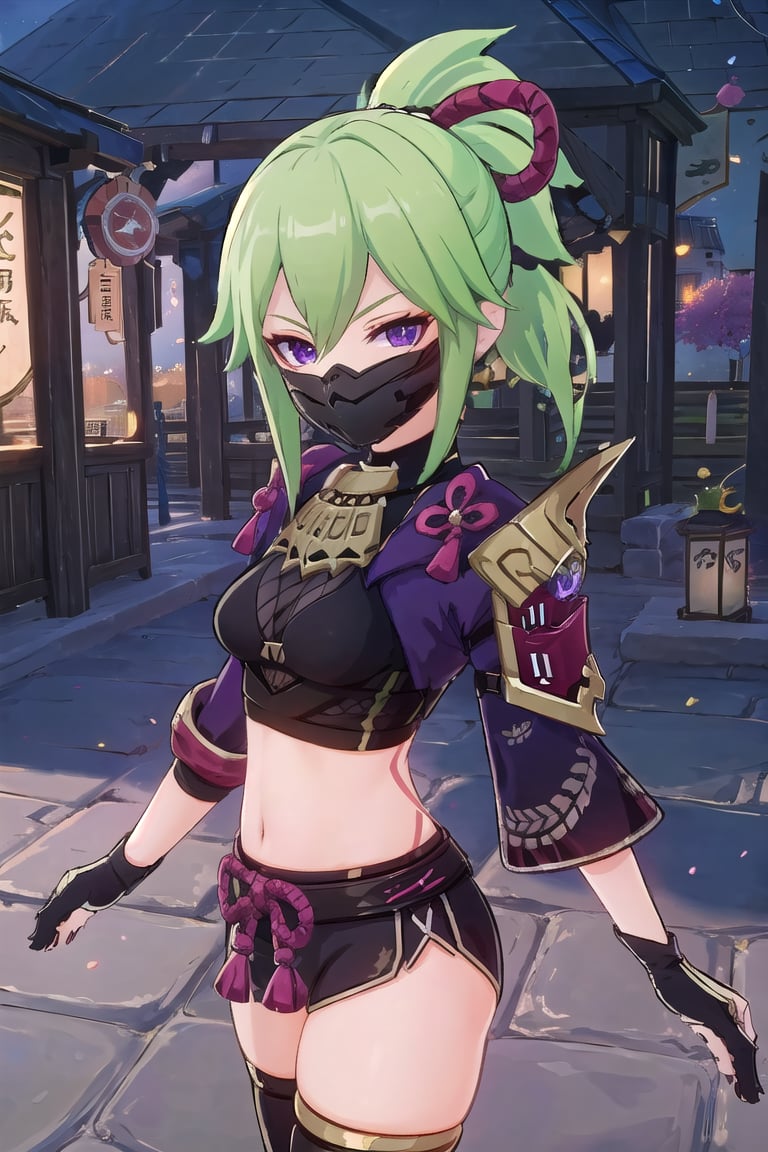 ((masterpiece, best quality)), high resolution,ultra detailed,8k,16k,detailed background, perfect lighting,1girl,look_at_viewer,cowboy shot,oblique angle,kuki shinobu,green hair,short ponytail,purple eyes,ninja mask