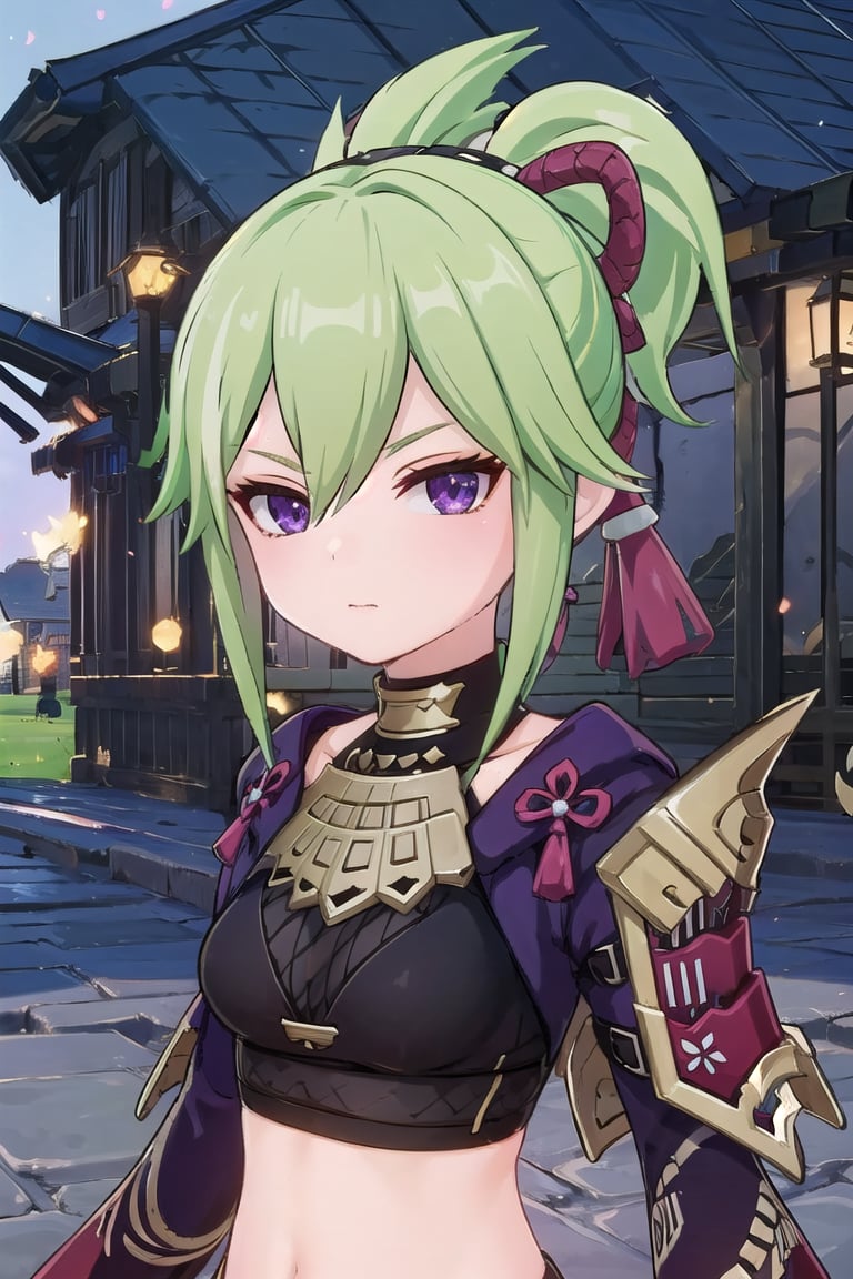 ((masterpiece, best quality)), high resolution,ultra detailed,8k,16k,detailed background, perfect lighting,1girl,look_at_viewer,upper body,oblique angle,kuki shinobu,green hair,short ponytail,purple eyes,