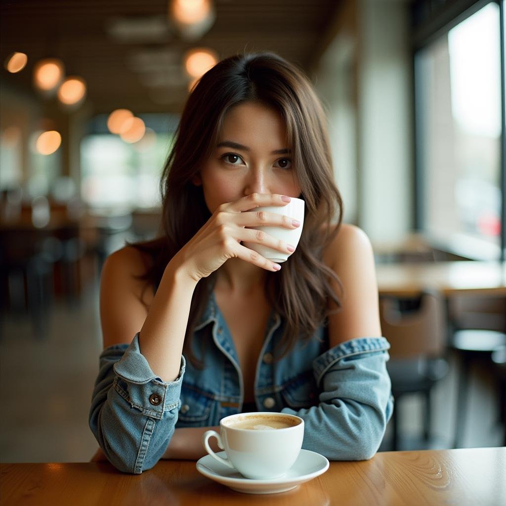 analog film photo  <lora:Kodak Portra 400 analog film stocks v1:1>Kodak Portra 400 analog film stocks of a woman sitting at a table drinking a cup of coffee, detailed image, sharp edges, cinematic, cinematography, Kodak Portra 400 analog film stocks style, 1girl, solo, looking at viewer, brown hair, holding, brown eyes, upper body, sleeveless, indoors, blurry, vest, cup, blurry background, depth of field, realistic, drinking, denim jacket, photorealistic, warm color . faded film, desaturated, 35mm photo, grainy, vignette, vintage, Kodachrome, Lomography, stained, highly detailed, found footage