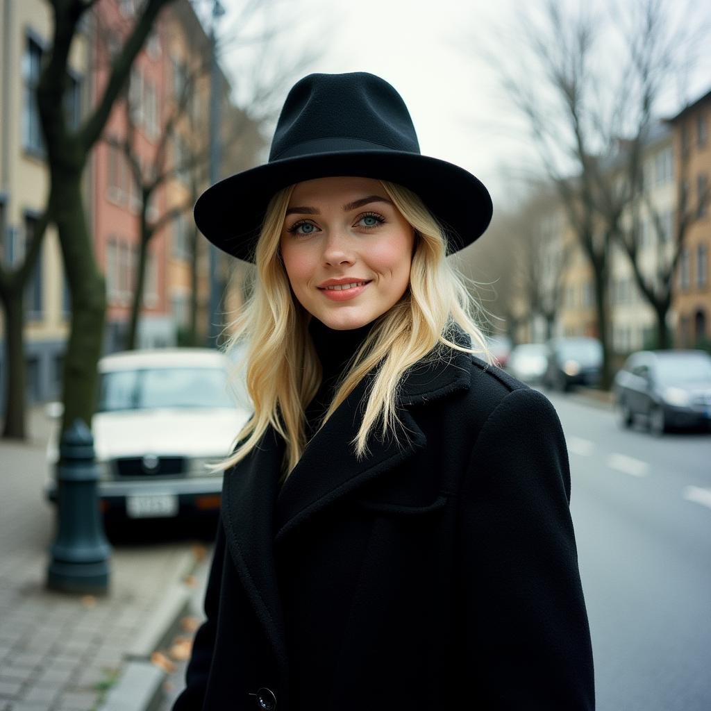 analog film photo  <lora:Kodak Portra 400 analog film stocks v1:1>Kodak Portra 400 analog film stocks of a woman in a black coat and hat standing on a street, detailed image, sharp edges, cinematic, cinematography, Kodak Portra 400 analog film stocks style, 1girl, solo, looking at viewer, smile, blue eyes, blonde hair, hat, jacket, outdoors, coat, tree, motor vehicle, realistic, beanie, car, road, lamppost, street, photo background, photorealistic . faded film, desaturated, 35mm photo, grainy, vignette, vintage, Kodachrome, Lomography, stained, highly detailed, found footage