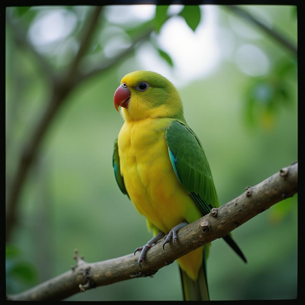 analog film photo  <lora:Kodak Portra 400 analog film stocks v1:1>Kodak Portra 400 analog film stocks of a green and yellow bird perched on a tree branch, detailed image, sharp edges, cinematic, cinematography, Kodak Portra 400 analog film stocks style, outdoors, blurry, no humans, bird, animal, animal focus, beak, owl, parrot . faded film, desaturated, 35mm photo, grainy, vignette, vintage, Kodachrome, Lomography, stained, highly detailed, found footage