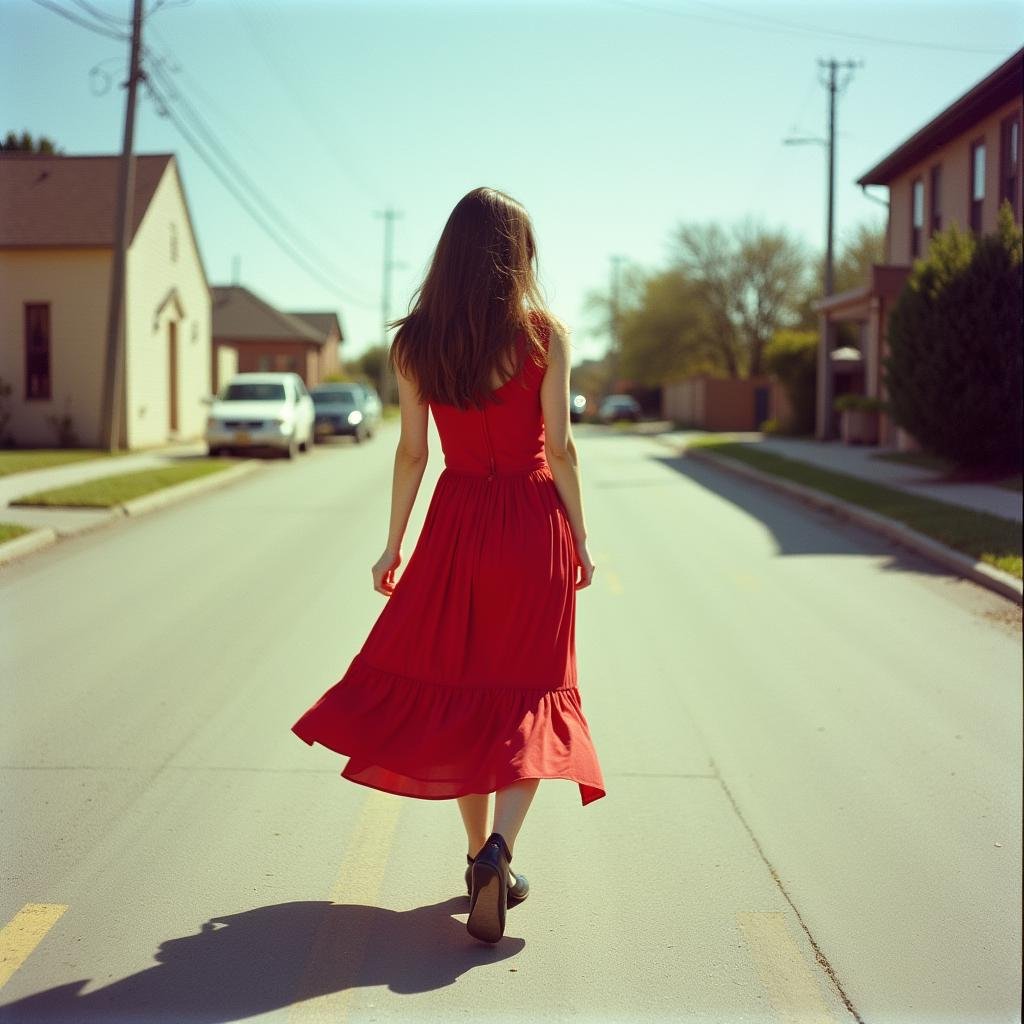 analog film photo  <lora:Kodak Portra 400 analog film stocks v1:1>Kodak Portra 400 analog film stocks of a woman in a red dress is walking down the street, detailed image, sharp edges, cinematic, cinematography, Kodak Portra 400 analog film stocks style, 1girl, solo, skirt, brown hair, dress, holding, standing, outdoors, sky, day, black footwear, shadow, red dress, building . faded film, desaturated, 35mm photo, grainy, vignette, vintage, Kodachrome, Lomography, stained, highly detailed, found footage