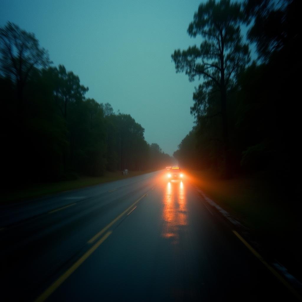 analog film photo  <lora:Kodak Portra 400 analog film stocks v1:1>Kodak Portra 400 analog film stocks of a car driving down a road in the rain, detailed image, sharp edges, cinematic, cinematography, Kodak Portra 400 analog film stocks style, outdoors, sky, blurry, tree, no humans, night, glowing, scenery, nature, glowing eyes, motor vehicle, forest, car, road, dark . faded film, desaturated, 35mm photo, grainy, vignette, vintage, Kodachrome, Lomography, stained, highly detailed, found footage