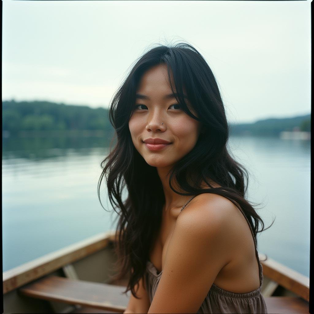 analog film photo  <lora:Kodak Portra 400 analog film stocks v1:1>Kodak Portra 400 analog film stocks of a woman sitting on a boat in a lake, detailed image, sharp edges, cinematic, cinematography, Kodak Portra 400 analog film stocks style, solo, smile, black hair, 1boy, closed mouth, upper body, male focus, outdoors, mole, black eyes, mole under eye, realistic . faded film, desaturated, 35mm photo, grainy, vignette, vintage, Kodachrome, Lomography, stained, highly detailed, found footage