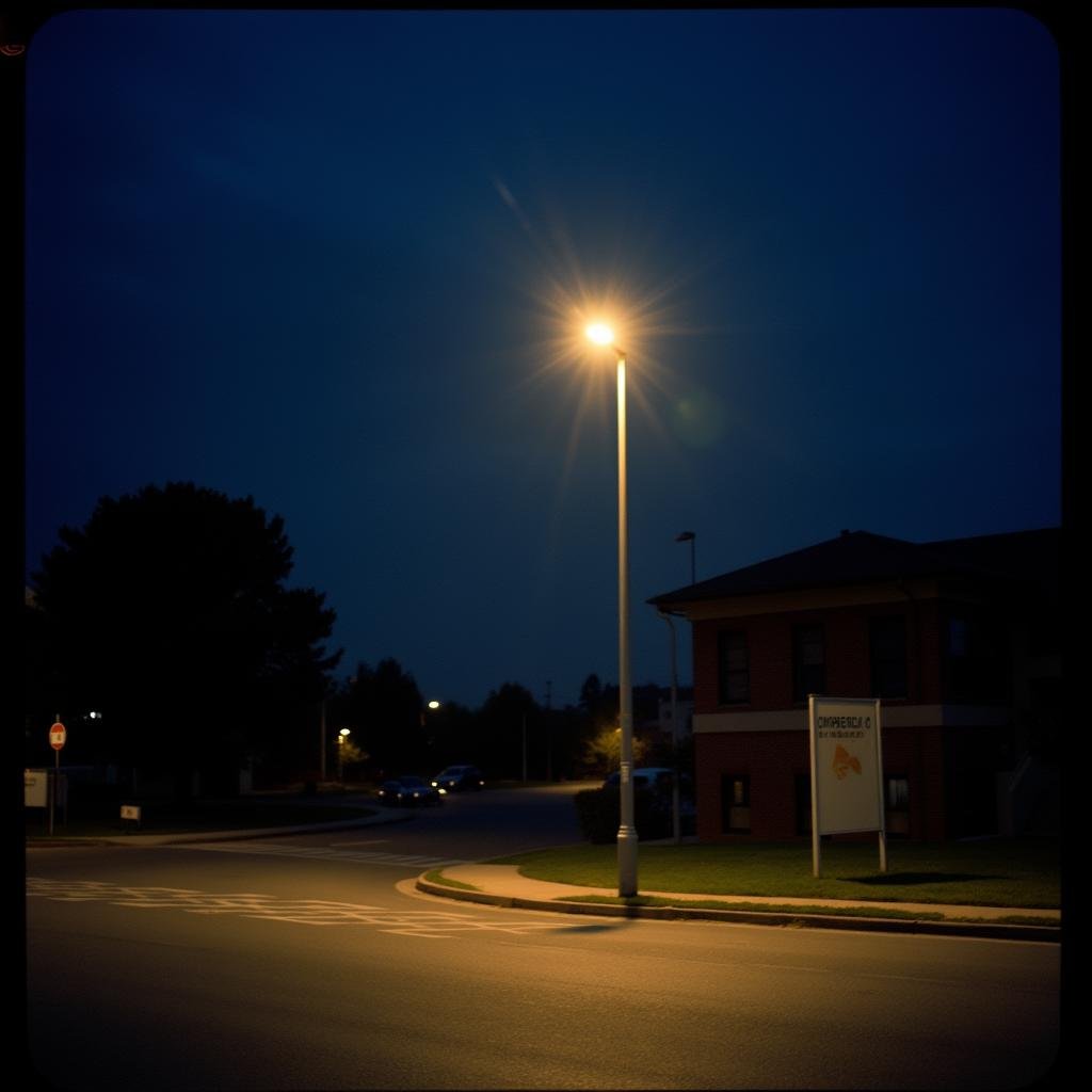 analog film photo  <lora:Kodak Portra 400 analog film stocks v1:1>Kodak Portra 400 analog film stocks of a street light at night with a dark sky, detailed image, sharp edges, cinematic, cinematography, Kodak Portra 400 analog film stocks style, outdoors, sky, no humans, night, building, night sky, scenery, motor vehicle, road, dark, lamppost, street, crosswalk . faded film, desaturated, 35mm photo, grainy, vignette, vintage, Kodachrome, Lomography, stained, highly detailed, found footage