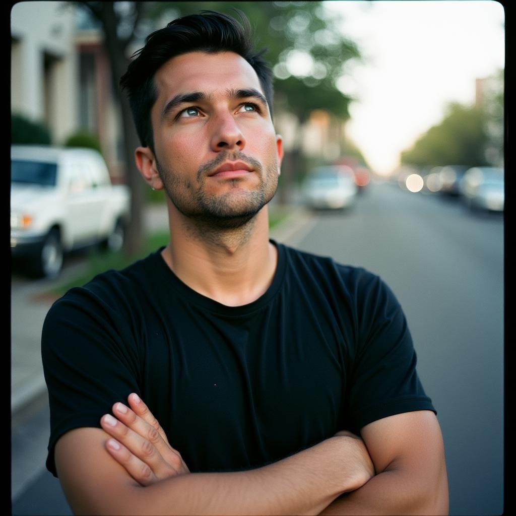 analog film photo  <lora:Kodak Portra 400 analog film stocks v1:1>Kodak Portra 400 analog film stocks of a man with his arms crossed looking up, detailed image, sharp edges, cinematic, cinematography, Kodak Portra 400 analog film stocks style, solo, short hair, blue eyes, shirt, black hair, 1boy, closed mouth, upper body, male focus, outdoors, blurry, black shirt, facial hair, border, crossed arms, looking up, realistic, black border, arm hair . faded film, desaturated, 35mm photo, grainy, vignette, vintage, Kodachrome, Lomography, stained, highly detailed, found footage