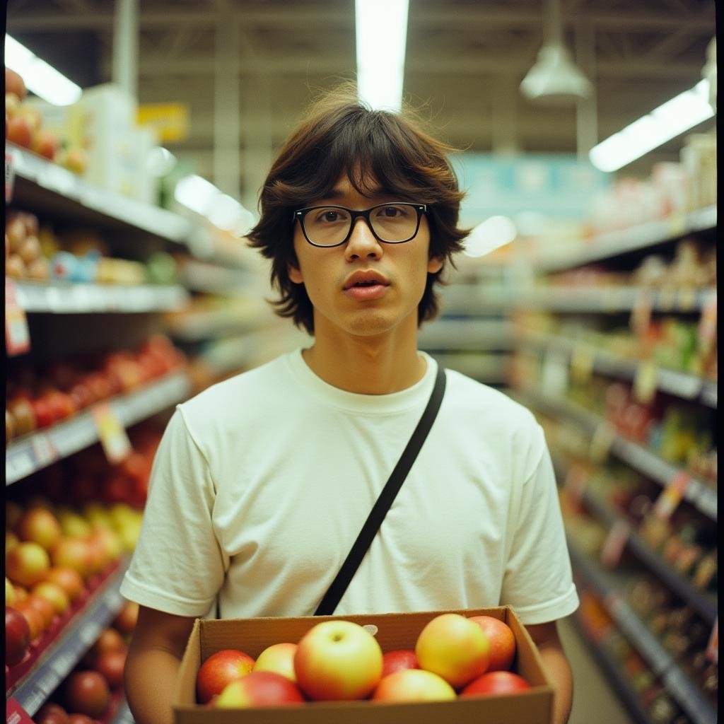 analog film photo  <lora:Kodak Portra 400 analog film stocks v1:1>Kodak Portra 400 analog film stocks of a man in a store with a box of apples, detailed image, sharp edges, cinematic, cinematography, Kodak Portra 400 analog film stocks style, solo, open mouth, shirt, brown hair, black hair, 1boy, white shirt, upper body, male focus, short sleeves, glasses, blurry, blurry background, t-shirt, realistic, shop . faded film, desaturated, 35mm photo, grainy, vignette, vintage, Kodachrome, Lomography, stained, highly detailed, found footage