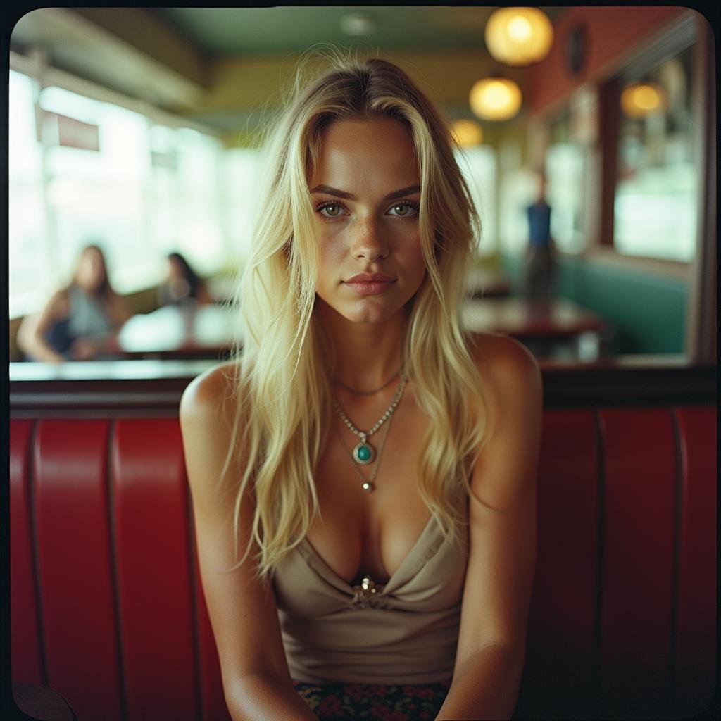 analog film photo  <lora:Kodak Portra 400 analog film stocks v1:1>Kodak Portra 400 analog film stocks of a woman sitting on a bench in a restaurant, detailed image, sharp edges, cinematic, cinematography, Kodak Portra 400 analog film stocks style, 1girl, solo, long hair, breasts, blonde hair, jewelry, sitting, indoors, blurry, reflection, realistic . faded film, desaturated, 35mm photo, grainy, vignette, vintage, Kodachrome, Lomography, stained, highly detailed, found footage