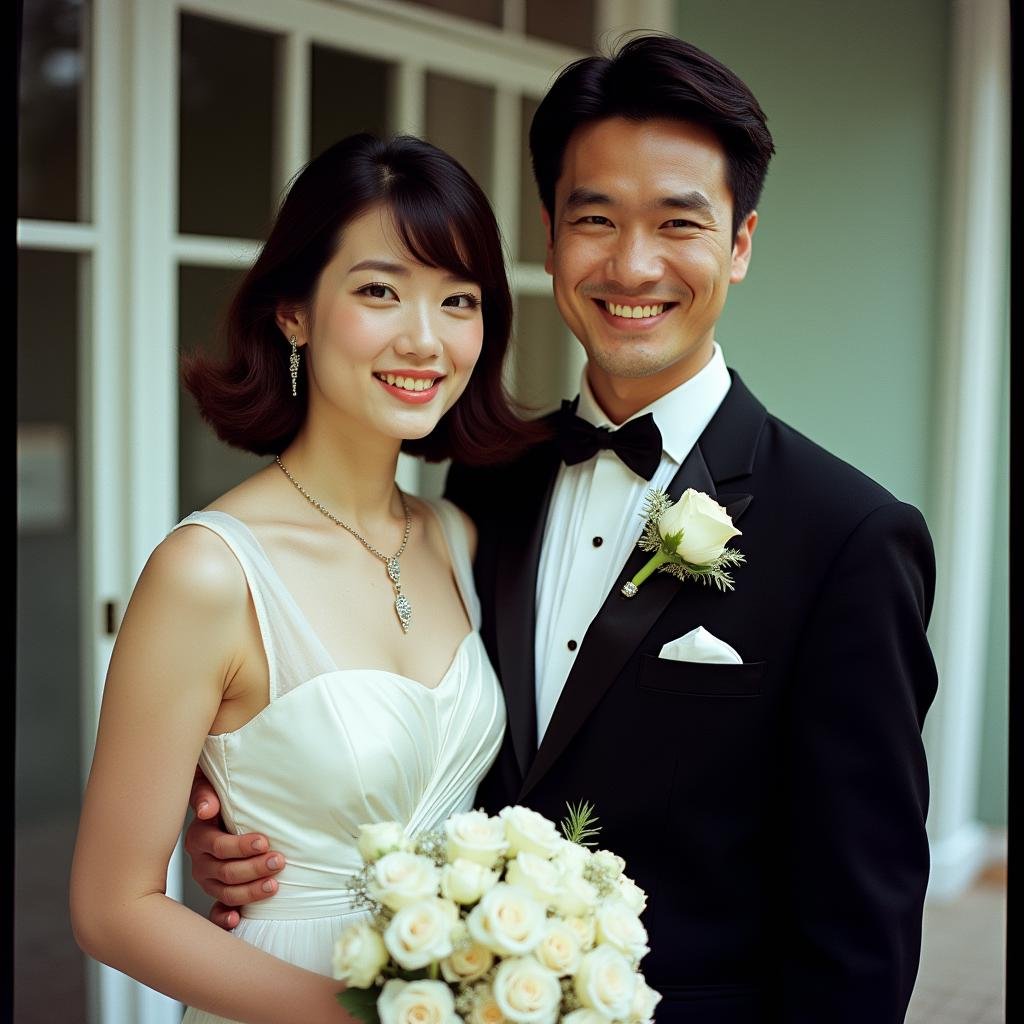 analog film photo  <lora:Kodak Portra 400 analog film stocks v1:1>Kodak Portra 400 analog film stocks of a man and woman in formal attire standing next to each other, detailed image, sharp edges, cinematic, cinematography, Kodak Portra 400 analog film stocks style, 1girl, smile, short hair, brown hair, 1boy, dress, holding, jewelry, flower, teeth, necktie, white dress, necklace, formal, suit, bouquet, realistic, holding bouquet, asian, photorealistic . faded film, desaturated, 35mm photo, grainy, vignette, vintage, Kodachrome, Lomography, stained, highly detailed, found footage