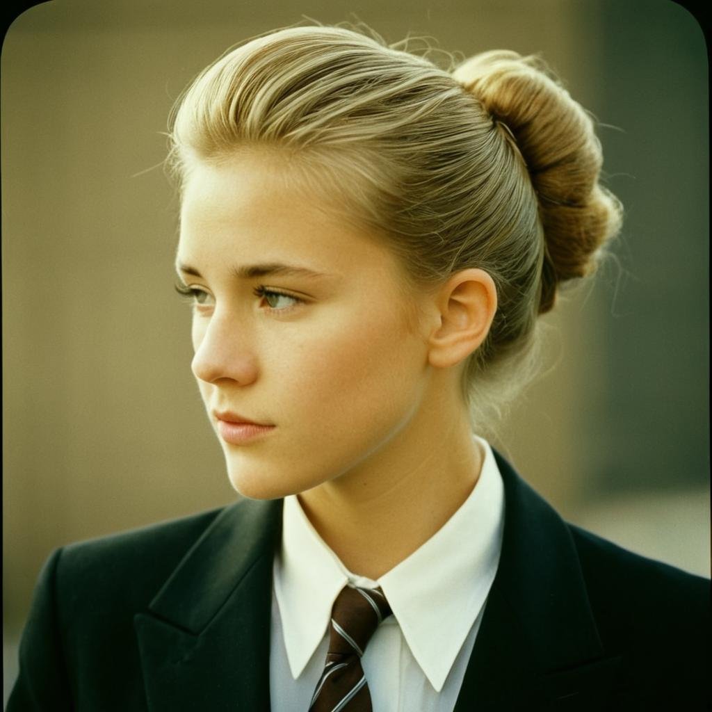 analog film photo of  <lora:Kodak Portra 400 analog film stock style v2:1>Kodak Portra 400 analog film stocks of a man in a suit and tie looking away, detailed image, sharp edges, cinematic, cinematography, Kodak Portra 400 analog film stocks style, solo, shirt, blonde hair, brown hair, 1boy, closed mouth, jacket, white shirt, upper body, male focus, necktie, collared shirt, hair bun, blurry, black jacket, blurry background, profile, facial hair, formal, suit, black necktie, realistic, side view, warm light, faded film, desaturated, 35mm photo, grainy, vignette, vintage, Kodachrome, Lomography, stained, highly detailed, found footage