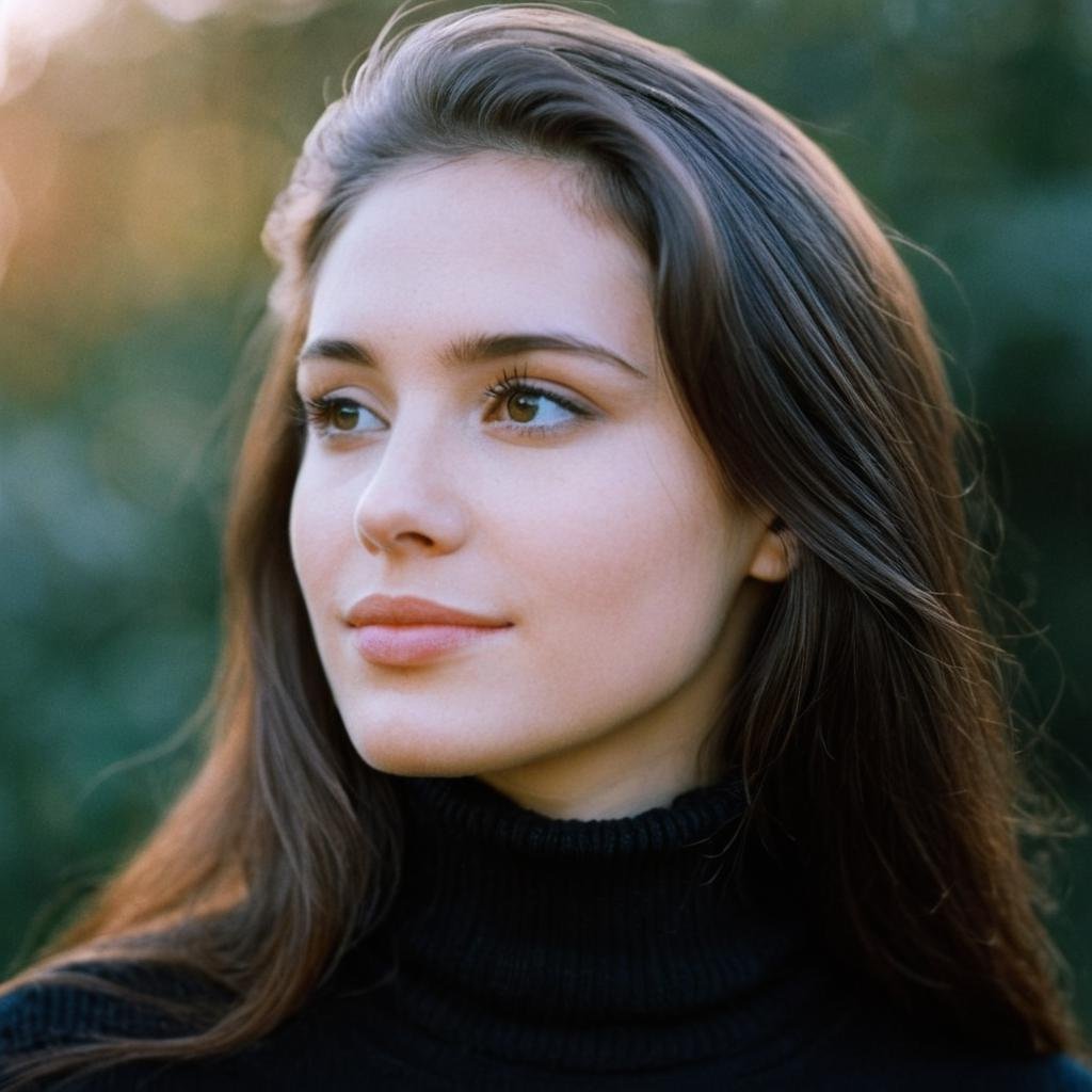 UHD, 4k, ultra detailed, cinematic, a photograph of  <lora:Kodak Portra 400 analog film stock style v2:1>Kodak Portra 400 analog film stocks of a woman with long hair wearing a black turtle neck, detailed image, sharp edges, cinematic, cinematography, Kodak Portra 400 analog film stocks style, 1girl, solo, long hair, smile, brown hair, closed mouth, blurry, sweater, looking to the side, lips, blurry background, depth of field, turtleneck, leaf, portrait, nose, realistic, photorealistic, contrast:0.5, warm light, epic, beautiful lighting, inpsiring