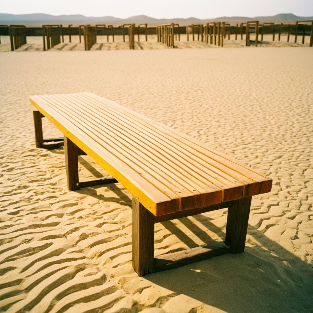 UHD, 4k, ultra detailed, cinematic, a photograph of  <lora:Kodak Portra 400 analog film stock style v2:1>Kodak Portra 400 analog film stocks of a row of wooden benches sitting next to each other, detailed image, sharp edges, cinematic, cinematography, Kodak Portra 400 analog film stocks style, outdoors, blurry, no humans, shadow, depth of field, scenery, sand, desert, yellow themed color, warm orange ligh, epic, beautiful lighting, inpsiring