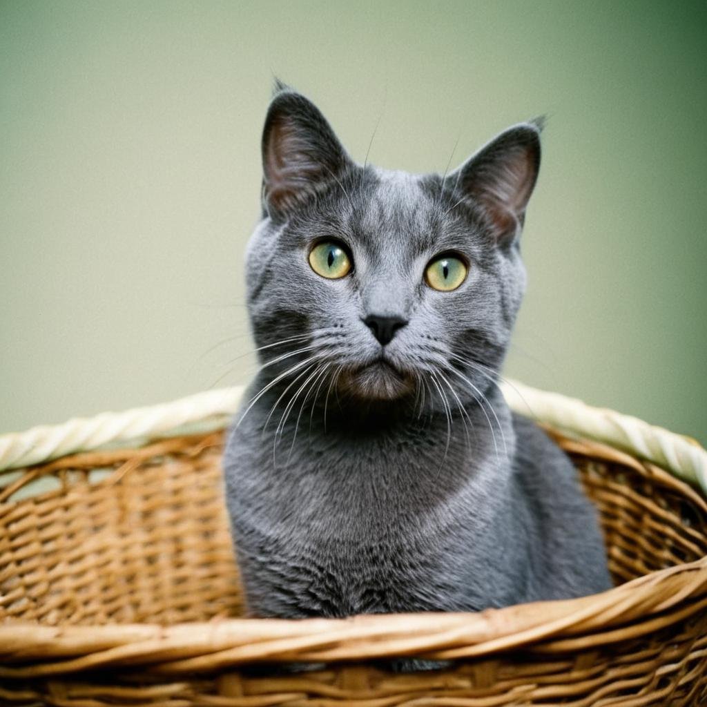 UHD, 4k, ultra detailed, cinematic, a photograph of  <lora:Kodak Portra 400 analog film stock style v2:1>Kodak Portra 400 analog film stocks of a gray cat sitting in a basket looking up, detailed image, sharp edges, cinematic, cinematography, Kodak Portra 400 analog film stocks style, blurry, no humans, blurry background, depth of field, animal, cat, blurry foreground, realistic, animal focus, whiskers, photo background, contrast:0.5, epic, beautiful lighting, inpsiring