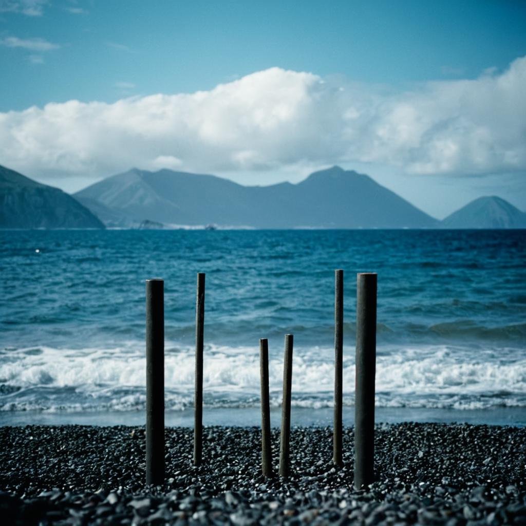 UHD, 4k, ultra detailed, cinematic, a photograph of  <lora:Kodak Portra 400 analog film stock style v2:1>Kodak Portra 400 analog film stocks of a pair of metal poles sitting on top of a beach, detailed image, sharp edges, cinematic, cinematography, Kodak Portra 400 analog film stocks style, monochrome, outdoors, sky, day, cloud, water, blurry, blue sky, no humans, blurry background, depth of field, ocean, scenery, mountain, contrast:0.5, day light, cool daylight, 5600k, epic, beautiful lighting, inpsiring