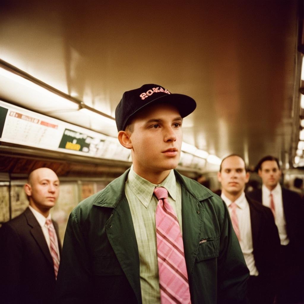 analog film photo of  <lora:Kodak Portra 400 analog film stock style v2:1>Kodak Portra 400 analog film stocks of a man in a black jacket and tie standing in a subway, detailed image, sharp edges, cinematic, cinematography, Kodak Portra 400 analog film stocks style, shirt, hat, closed mouth, jacket, male focus, multiple boys, necktie, collared shirt, indoors, black jacket, suit, 3boys, microphone, baseball cap, green shirt, realistic, pink headwear, light, bald, striped necktie, plaid shirt, ceiling light, fluorescent above, warm light, greenish tone color, faded film, desaturated, 35mm photo, grainy, vignette, vintage, Kodachrome, Lomography, stained, highly detailed, found footage