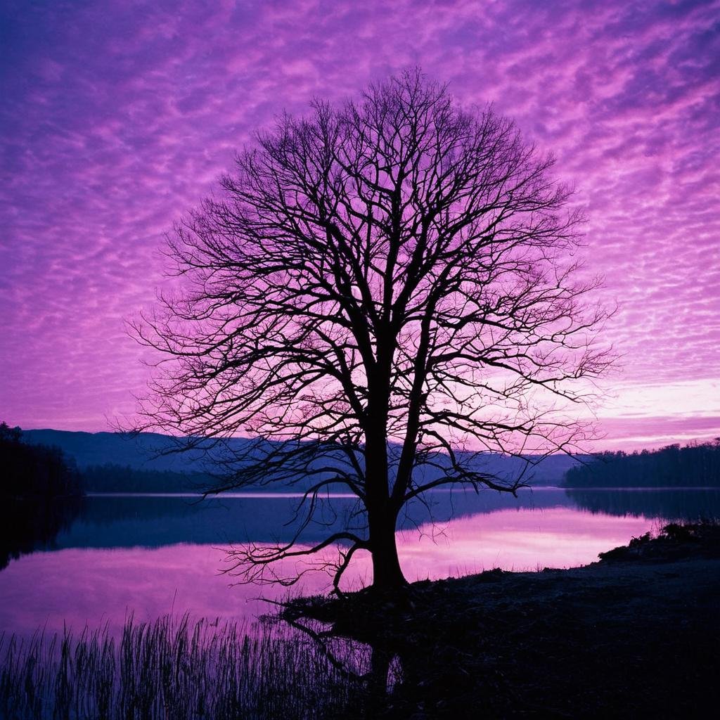 UHD, 4k, ultra detailed, cinematic, a photograph of  <lora:Kodak Portra 400 analog film stock style v2:1>Kodak Portra 400 analog film stocks of a lake with trees and a purple sky, detailed image, sharp edges, cinematic, cinematography, Kodak Portra 400 analog film stocks style, outdoors, sky, cloud, water, tree, no humans, traditional media, scenery, nature, reflection, painting (medium), bare tree, magenta sky, epic, beautiful lighting, inpsiring