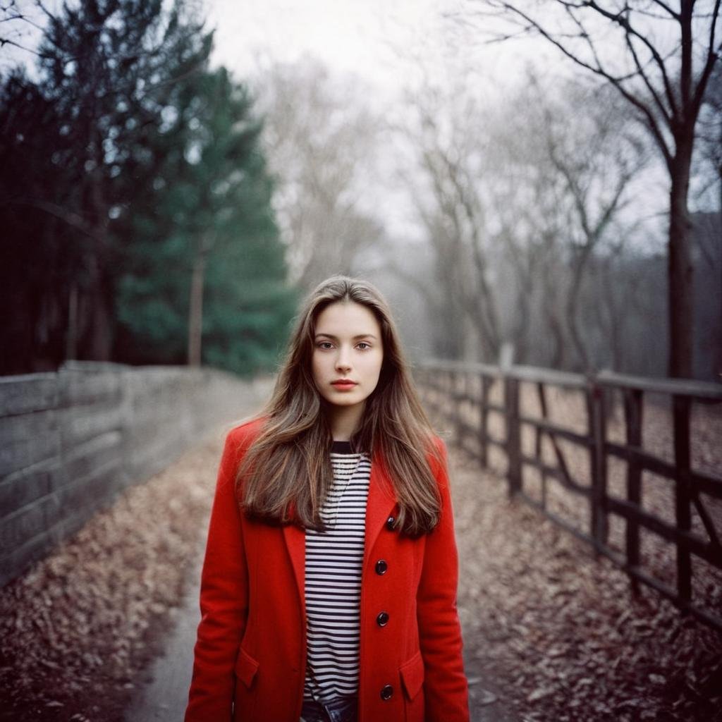 analog film photo of  <lora:Kodak Portra 400 analog film stock style v2:1>Kodak Portra 400 analog film stocks of a woman with long hair wearing a red jacket, detailed image, sharp edges, cinematic, cinematography, Kodak Portra 400 analog film stocks style, 1girl, solo, long hair, brown hair, brown eyes, outdoors, day, blurry, lips, blurry background, depth of field, realistic, photorealistic, vivid color, warm light, contrast:1, faded film, desaturated, 35mm photo, grainy, vignette, vintage, Kodachrome, Lomography, stained, highly detailed, found footage