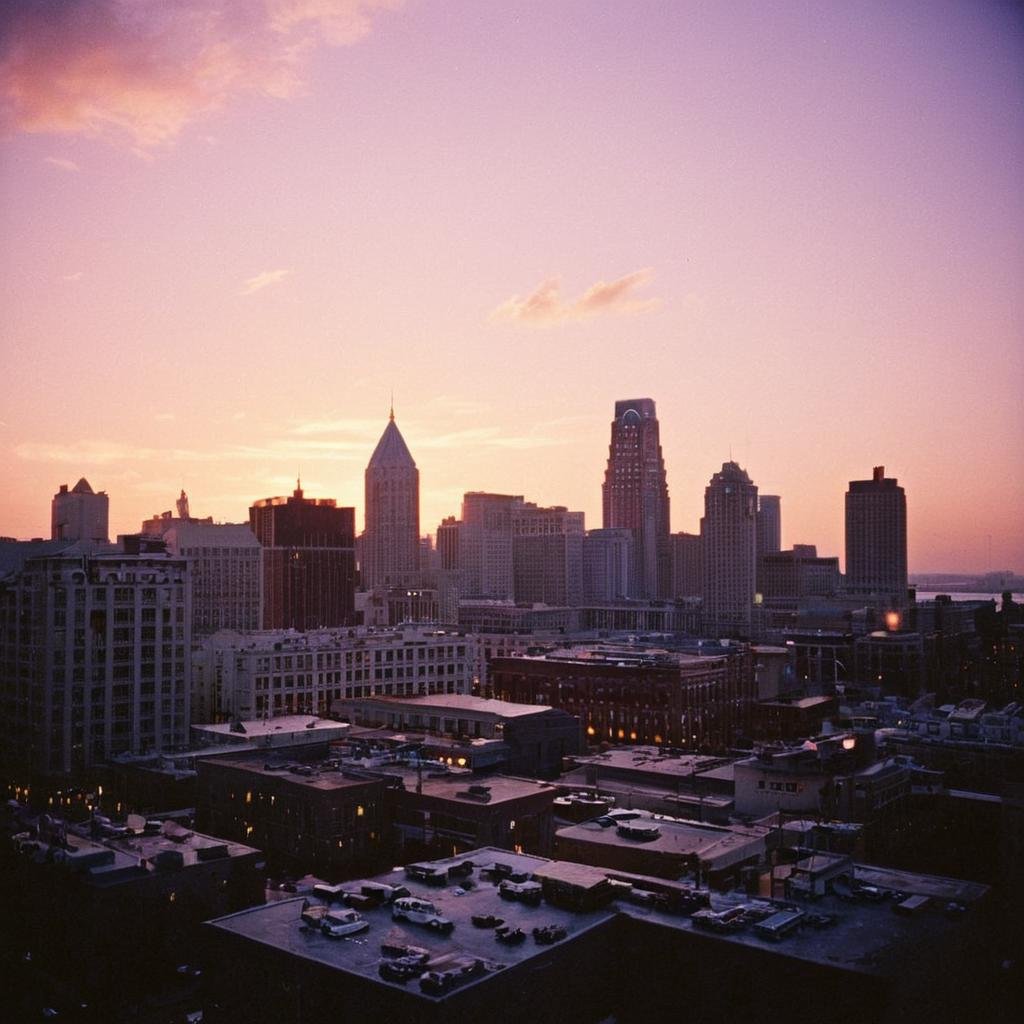 analog film photo of  <lora:Kodak Portra 400 analog film stock style v2:1>Kodak Portra 400 analog film stocks of a city skyline with a sunset in the background, detailed image, sharp edges, cinematic, cinematography, Kodak Portra 400 analog film stocks style, outdoors, sky, cloud, no humans, building, scenery, sunset, city, car, cityscape, skyscraper, real world location, dayligh, faded film, desaturated, 35mm photo, grainy, vignette, vintage, Kodachrome, Lomography, stained, highly detailed, found footage