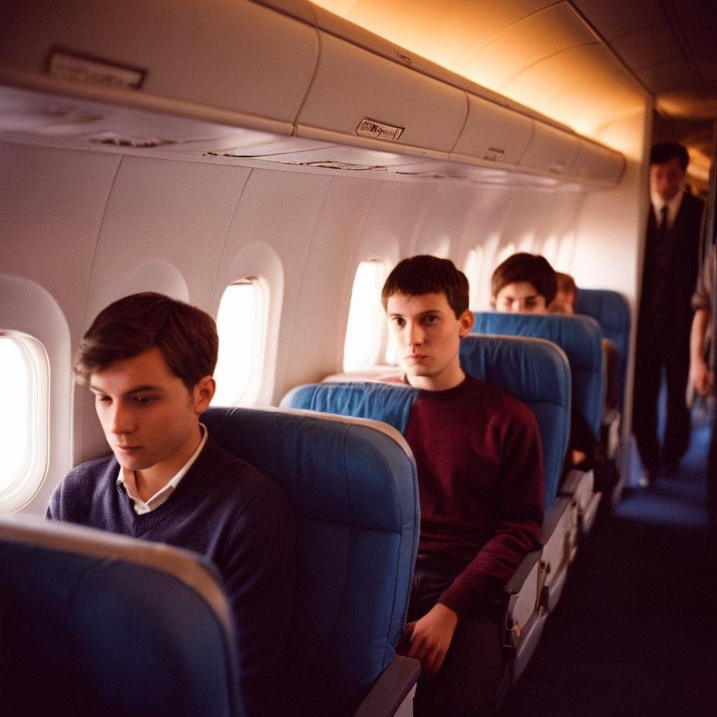 analog film photo of  <lora:Kodak Portra 400 analog film stock style v2:1>Kodak Portra 400 analog film stocks of a group of people sitting on a plane, detailed image, sharp edges, cinematic, cinematography, Kodak Portra 400 analog film stocks style, short hair, male focus, multiple boys, blurry, depth of field, realistic, reiner braun, very warm reddish light, faded film, desaturated, 35mm photo, grainy, vignette, vintage, Kodachrome, Lomography, stained, highly detailed, found footage