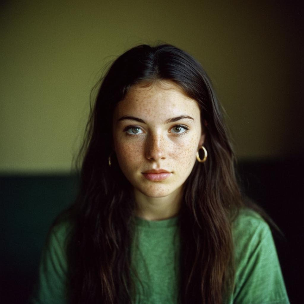 analog film photo of  <lora:Kodak Portra 400 analog film stock style v2:1>Kodak Portra 400 analog film stocks of a woman with freckles and a greenshirt, detailed image, sharp edges, cinematic, cinematography, Kodak Portra 400 analog film stocks style, 1girl, solo, long hair, looking at viewer, brown hair, black hair, closed mouth, jewelry, earrings, mole, blurry, lips, portrait, freckles, realistic, photorealistic, warm light:0.5, contrast:0.5, faded film, desaturated, 35mm photo, grainy, vignette, vintage, Kodachrome, Lomography, stained, highly detailed, found footage