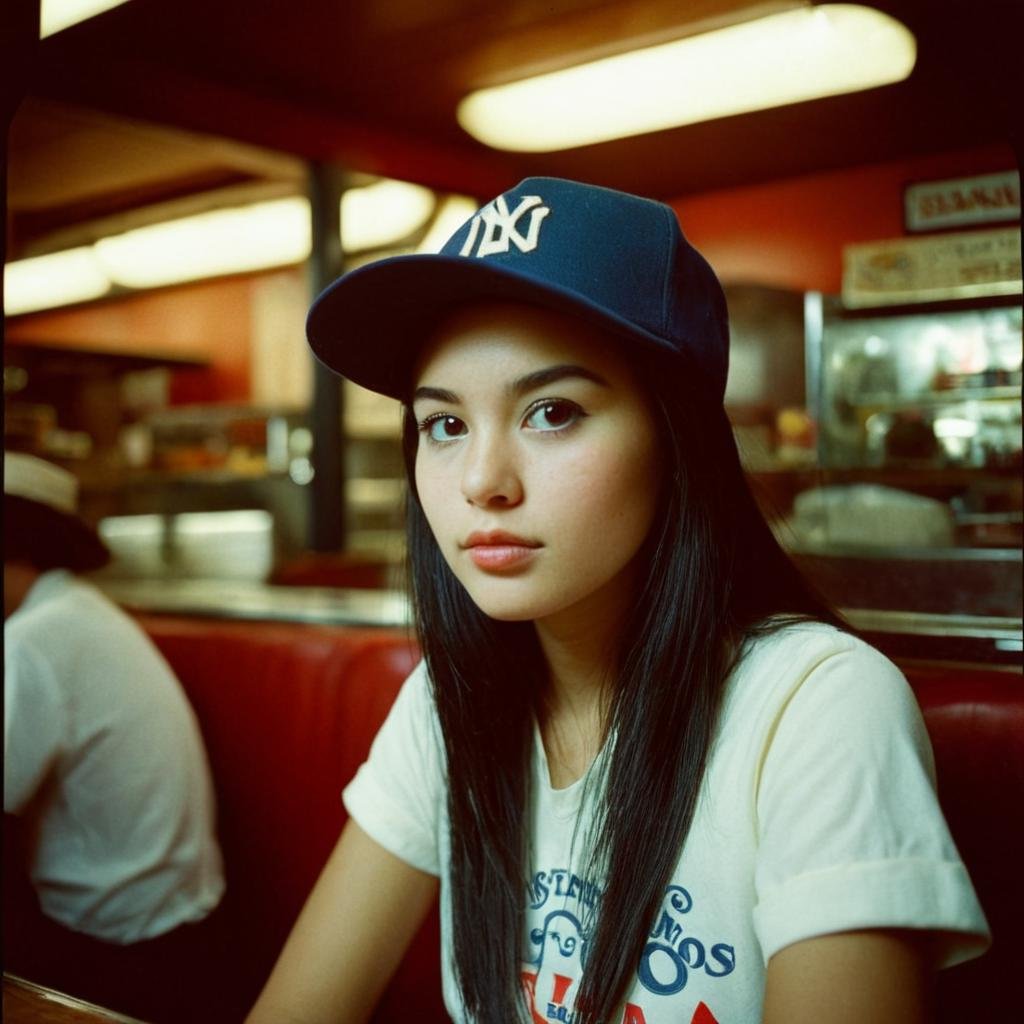 analog film photo of  <lora:Kodak Portra 400 analog film stock style v2:1>Kodak Portra 400 analog film stocks of a woman sitting in a booth with a hat on, detailed image, sharp edges, cinematic, cinematography, Kodak Portra 400 analog film stocks style, 1girl, solo, long hair, shirt, black hair, hat, indoors, blurry, black eyes, lips, blurry background, baseball cap, realistic, backwards hat, restaurant, 3200k, warm light, faded film, desaturated, 35mm photo, grainy, vignette, vintage, Kodachrome, Lomography, stained, highly detailed, found footage