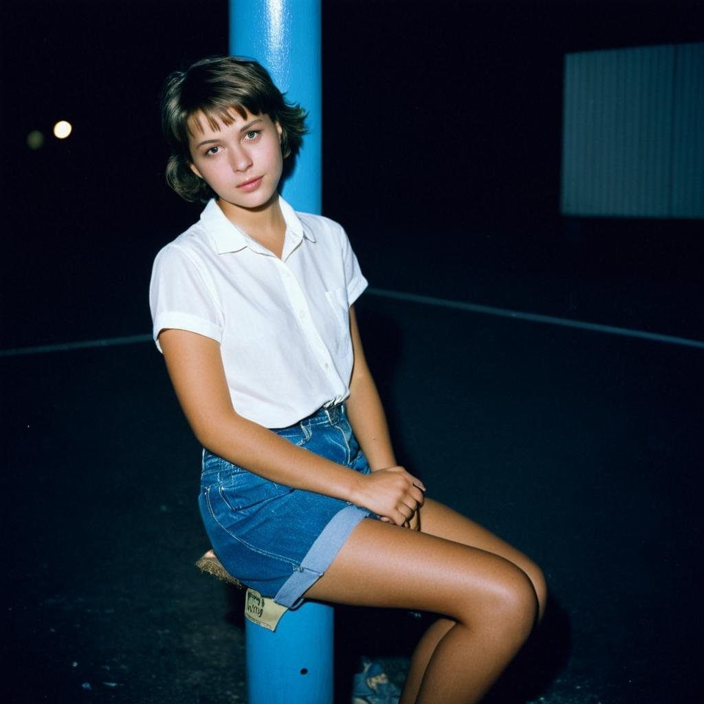 analog film photo of  <lora:Kodak Portra 400 analog film stock style v2:1>Kodak Portra 400 analog film stocks of a young woman sitting on a blue pole, detailed image, sharp edges, cinematic, cinematography, Kodak Portra 400 analog film stocks style, solo, looking at viewer, short hair, shirt, sitting, white shirt, female focus, short sleeves, shorts, shoes, black background, white shorts, night time, street photography, warm light, faded film, desaturated, 35mm photo, grainy, vignette, vintage, Kodachrome, Lomography, stained, highly detailed, found footage