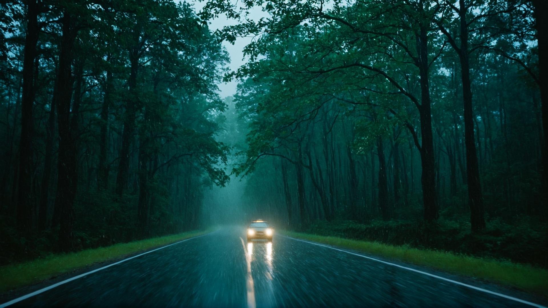 UHD, 4k, ultra detailed, cinematic, a photograph of  <lora:Kodak Portra 400 analog film stock style v2:1>Kodak Portra 400 analog film stocks of a car driving down a road in the rain, detailed image, sharp edges, cinematic, cinematography, Kodak Portra 400 analog film stocks style, outdoors, sky, blurry, tree, no humans, night, glowing, scenery, nature, glowing eyes, motor vehicle, forest, car, road, dark, contrast:1, greenish tint colo, epic, beautiful lighting, inpsiring