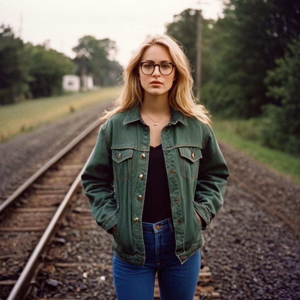 analog film photo of  <lora:Kodak Portra 400 analog film stock style v2:1>Kodak Portra 400 analog film stocks of a woman with glasses standing on a train track, detailed image, sharp edges, cinematic, cinematography, Kodak Portra 400 analog film stocks style, 1girl, solo, long hair, looking at viewer, shirt, blonde hair, jacket, upper body, outdoors, parted lips, glasses, blurry, lips, blurry background, depth of field, forehead, green jacket, hands in pockets, realistic, denim jacket, photorealistic, warm light, faded film, desaturated, 35mm photo, grainy, vignette, vintage, Kodachrome, Lomography, stained, highly detailed, found footage