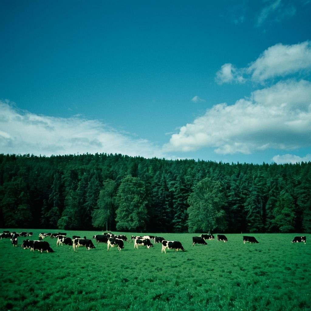 UHD, 4k, ultra detailed, cinematic, a photograph of  <lora:Kodak Portra 400 analog film stock style v2:1>Kodak Portra 400 analog film stocks of a field with a few cows grazing in it, detailed image, sharp edges, cinematic, cinematography, Kodak Portra 400 analog film stocks style, monochrome, outdoors, sky, day, blue sky, tree, no humans, grass, scenery, nature, forest, blue theme, cool light, cinematic film color, epic, beautiful lighting, inpsiring