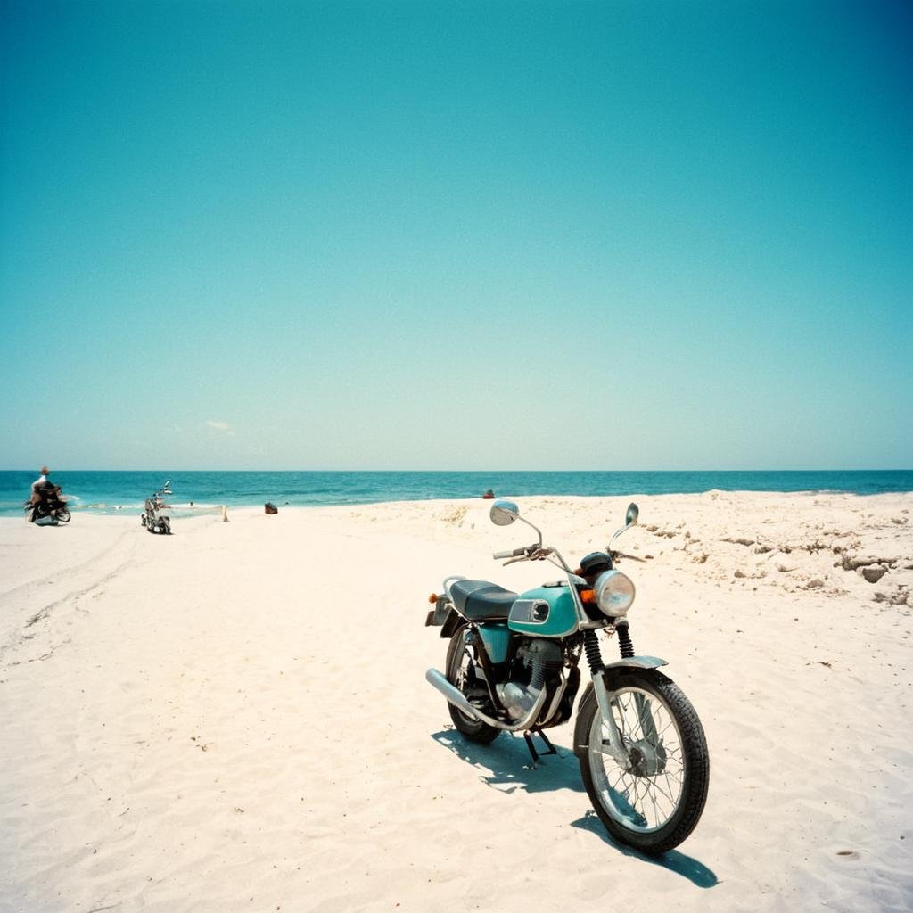 analog film photo of  <lora:Kodak Portra 400 analog film stock style v2:1>Kodak Portra 400 analog film stocks of a person riding a motorcycle on a beach, detailed image, sharp edges, cinematic, cinematography, Kodak Portra 400 analog film stocks style, solo, 1boy, male focus, outdoors, sky, day, water, blue sky, ocean, beach, traditional media, scenery, sand, horizon, painting (medium), bicycle, shore, cool daylight, clear blue sky, teal ocean sea, white sand, faded film, desaturated, 35mm photo, grainy, vignette, vintage, Kodachrome, Lomography, stained, highly detailed, found footage