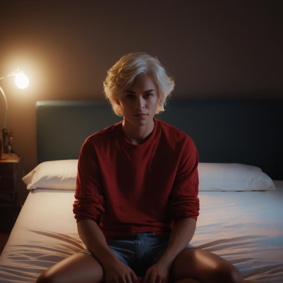 UHD, 4k, ultra detailed, cinematic, a photograph of  <lora:diffused light style:0.9>A Diffused light of a woman sitting on a bed in a room,solo,short hair,1boy,sitting,white hair,male focus,indoors,dark skin,window,bed,curtains,red shirt,instrument,guitar,lamp , realistic, sharp, detailed, classic, 1970's light style, high-key light style, photography, artistic, perfection, diffusion, diffused, soft light, glow, bright, contrast, highlights, halo, glowing ambient light, colorful, cinematic, filmic, high quality photo, diffused light style, epic, beautiful lighting, inpsiring