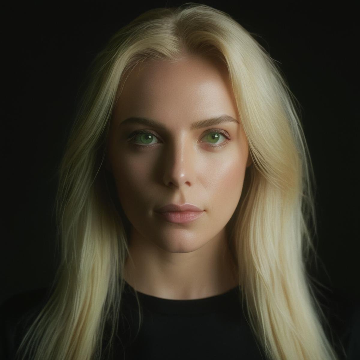 UHD, 4k, ultra detailed, cinematic, a photograph of  <lora:diffused light style:0.9>A Diffused light of a woman with blonde hair and a black shirt,1girl,solo,long hair,looking at viewer,blonde hair,simple background,green eyes,white hair,lips,black background,portrait,realistic,nose , realistic, sharp, detailed, classic, 1970's light style, high-key light style, photography, artistic, perfection, diffusion, diffused, soft light, glow, bright, contrast, highlights, halo, glowing ambient light, colorful, cinematic, filmic, high quality photo, diffused light style, epic, beautiful lighting, inpsiring