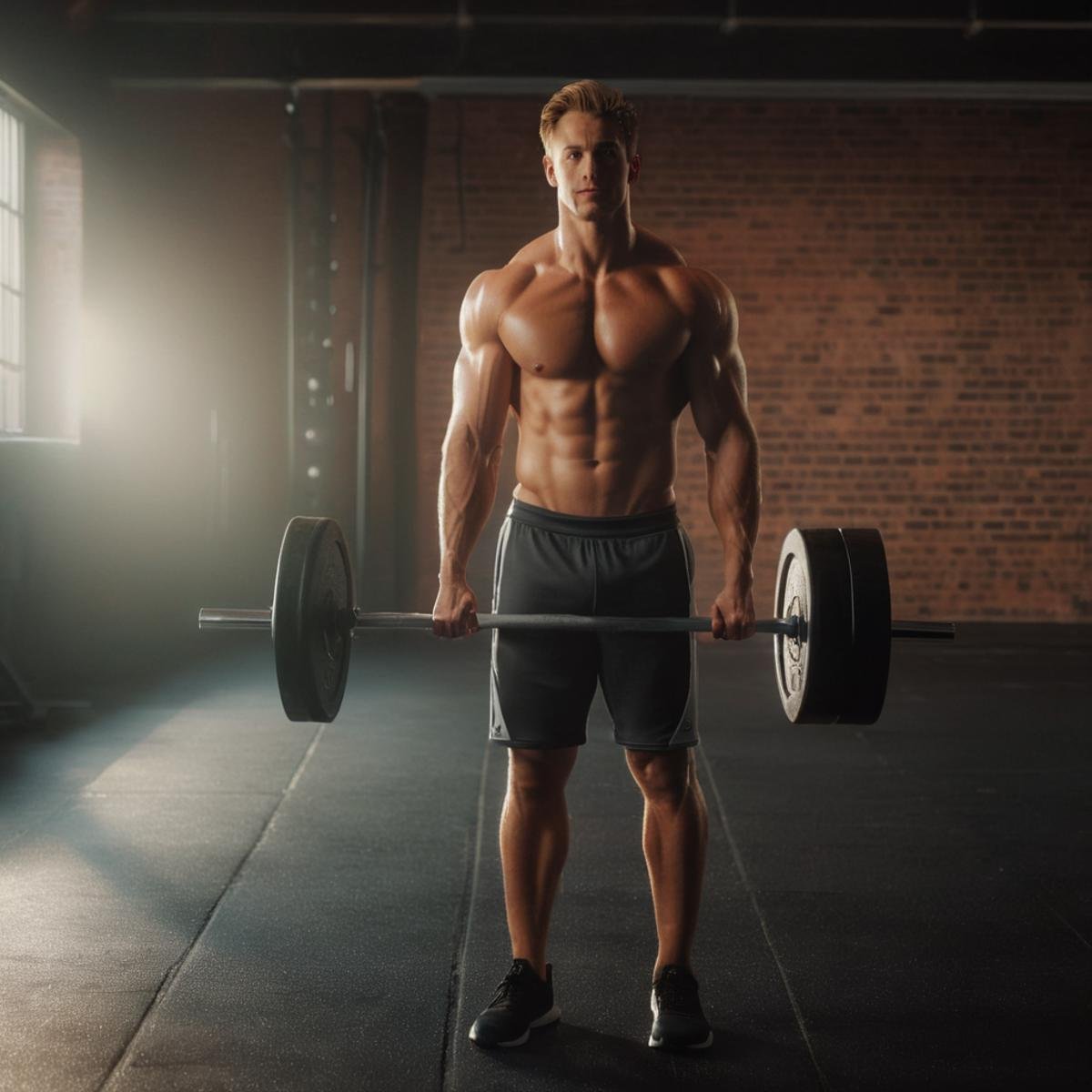 UHD, 4k, ultra detailed, cinematic, a photograph of  <lora:diffused light style:0.9>A Diffused light of a man is standing in a gym with a barbell,solo,1boy,male focus,pants,indoors,muscular,abs,muscular male,topless male,bald,brick wall,exercise,gym,dumbbell,weightlifting , realistic, sharp, detailed, classic, 1970's light style, high-key light style, photography, artistic, perfection, diffusion, diffused, soft light, glow, bright, contrast, highlights, halo, glowing ambient light, colorful, cinematic, filmic, high quality photo, diffused light style, epic, beautiful lighting, inpsiring